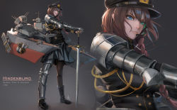 Rule 34 | 1girl, armor, black footwear, black pantyhose, blue eyes, boots, braid, brown hair, brown pantyhose, commentary, commission, english commentary, gauntlets, greaves, green eyes, grey background, hat, headset, heterochromia, highres, long braid, long hair, mecha musume, military, military uniform, naval uniform, nose, pantyhose, peaked cap, planted, planted sword, planted weapon, signature, single braid, single gauntlet, single greave, solo, sword, uniform, weapon, world of warships, world war ii, x-kulon, zoom layer, zweihander