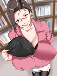 Rule 34 | 1girl, black hair, black thighhighs, bookshelf, bra, bra pull, breasts, cleavage, closed mouth, clothes pull, female focus, from above, glasses, highres, huge breasts, indoors, kneeling, legs, library, looking at viewer, nypaon, original, pink eyes, pink shirt, pulled by self, red-framed eyewear, semi-rimless eyewear, shirt, short hair, skirt, smile, solo, thighhighs, thighs, underwear, zettai ryouiki