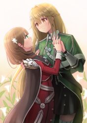 Rule 34 | 2girls, akisame rizu, alternate color, blonde hair, braid, brown hair, cape, duel monster, exosister elis, exosister stella, eye contact, flower, green eyes, hair ornament, height difference, highres, holding hands, interlocked fingers, jewelry, light blush, lily (flower), long hair, looking at another, medium hair, military uniform, multiple girls, necklace, open mouth, simple background, skirt, smile, socks, star (symbol), star hair ornament, uniform, yu-gi-oh!, yuri