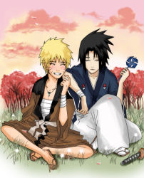Rule 34 | 2boys, ^ ^, artist request, bandaged arm, bandages, blonde hair, closed eyes, cloud, crest, facial mark, family crest, japanese clothes, jewelry, multiple boys, naruto, naruto (series), necklace, outdoors, pink sky, pinwheel, sitting, sky, spiked hair, sword, tabi, tree, uchiha sasuke, uzumaki naruto, weapon, whisker markings