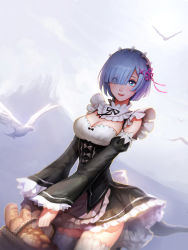 Rule 34 | 10s, 1girl, animal, apron, bare shoulders, black dress, blue eyes, blue hair, bread, day, detached collar, detached sleeves, dress, food, fooltown, garter straps, hair over one eye, highres, lips, long arms, long sleeves, looking at viewer, maid, open mouth, outdoors, re:zero kara hajimeru isekai seikatsu, rem (re:zero), short dress, short hair, smile, solo, thighhighs, tongue, waist apron, white thighhighs, wide sleeves