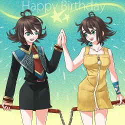 Rule 34 | 2girls, arm ribbon, bare arms, black jacket, black skirt, blue ribbon, breasts, brown hair, curly hair, final fantasy, final fantasy viii, green background, green eyes, hair between eyes, happy birthday, high five, holding, holding nunchaku, holding weapon, jacket, jewelry, long sleeves, looking at another, medium breasts, medium hair, miniskirt, multiple girls, necklace, necktie, nunchaku, official alternate costume, open mouth, ribbon, school uniform, selphie tilmitt, shiko jumpa, skirt, smile, star (symbol), upper body, weapon, yellow overalls