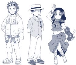 Rule 34 | 1girl, 2boys, alternate costume, blue theme, chibi, dress, eyewear on head, facial hair, fate/grand order, fate (series), hat, leonardo da vinci (fate), long hair, long sideburns, looking at viewer, male focus, midriff, monochrome, multiple boys, napoleon bonaparte (fate), open clothes, open mouth, parted bangs, pectorals, ponytail, scar, sherlock holmes (fate), shitappa, sideburns, smile