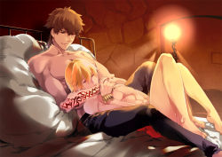 Rule 34 | 2boys, bad id, bad pixiv id, barefoot, bed, blonde hair, bracelet, brown eyes, brown hair, command spell, fate/zero, fate (series), gilgamesh (fate), jewelry, kotomine kirei, loincloth, male focus, multiple boys, on bed, red eyes, topless male, wingtemple, yaoi