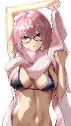 Rule 34 | 1girl, absurdres, arm up, bare shoulders, basil (st 1), bikini, bikini top only, black-framed eyewear, black bikini, blush, breasts, cleavage, collarbone, fate/grand order, fate (series), glasses, highres, large breasts, light purple hair, looking at viewer, mash kyrielight, navel, open mouth, parted lips, pink neckwear, purple eyes, scarf, short hair, simple background, solo, stomach, swimsuit, white background