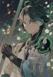 Rule 34 | 1boy, absurdres, arm tattoo, bead necklace, beads, black gloves, black hair, cjsdh1000, closed mouth, detached sleeves, facial mark, flower, forehead mark, genshin impact, gloves, green hair, highres, holding, holding polearm, holding weapon, jewelry, male focus, multicolored hair, necklace, orange eyes, polearm, single detached sleeve, solo, spikes, tassel, tattoo, upper body, vision (genshin impact), weapon, white flower, xiao (genshin impact)