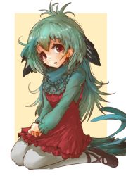 Rule 34 | 10s, 1girl, bird tail, bird wings, blue hair, commentary request, dress, green hair, hands on lap, head wings, highres, kemono friends, lace, long hair, long sleeves, multicolored hair, neck ribbon, pantyhose, puffy sleeves, resplendent quetzal (kemono friends), ribbon, seiza, sitting, solo, tail, tikano, wings