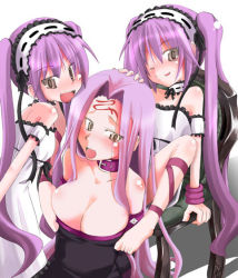 Rule 34 | 00s, 3girls, :d, bare shoulders, blush, breasts, choker, cleavage, dress, euryale (fate), fate/hollow ataraxia, fate/stay night, fate (series), hairband, kazekawa nagi, large breasts, long hair, medusa (fate), medusa (rider) (fate), multiple girls, open mouth, purple hair, siblings, sisters, smile, square pupils, stheno (fate), strapless, strapless dress, teeth, twins, twintails