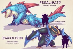 absurdres blue_eyes claws creatures_(company) empoleon fangs feraligatr fins game_freak gen_2_pokemon gen_4_pokemon highres lluisabadias monster_hunter_(series) nintendo open_mouth pokemon pokemon_(creature) scales sharp_teeth size_comparison standing tail teeth webbed_feet yellow_eyes