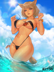 Rule 34 | 1girl, animal ears, artist name, assisted exposure, bare shoulders, bikini, blonde hair, blue eyes, blush, braid, braided bangs, breasts, cameltoe, cloud, cloudy sky, collarbone, cowboy shot, crab, fangs, final fantasy, final fantasy xiv, flower, from below, hands up, large breasts, lips, medium hair, miqo&#039;te, narrow waist, navel, nextoad, ocean, open mouth, revealing clothes, sky, slingshot swimsuit, sun, swimsuit, tail, wading, warrior of light (ff14), wet, wide hips, wristband