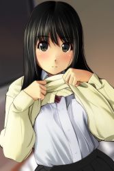 Rule 34 | 1girl, black eyes, black hair, black skirt, blurry, blurry background, blush, clothes lift, collared shirt, commentary request, depth of field, diagonal-striped neckwear, dress shirt, dutch angle, hands up, highres, lifting own clothes, long hair, long sleeves, looking at viewer, matsunaga kouyou, original, parted lips, pleated skirt, red neckwear, shirt, skirt, sleeves past wrists, smile, solo, striped neckwear, sweater, sweater lift, white shirt, yellow sweater