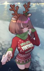 Rule 34 | 1girl, absurdres, animal ears, antlers, asymmetrical hair, blush, brown hair, christmas, christmas sweater, english text, fake animal ears, fake antlers, fake horns, highres, holding hands, horns, psidubs, snow, thighhighs, thighs, winter, winter clothes