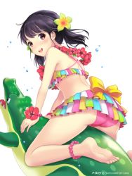 Rule 34 | 1girl, :d, akiyama minaki, ass, barefoot, bikini, black eyes, black hair, blush, crocodile, crocodilian, feet, feet on toy, flower, flower necklace, flower on head, frilled swimsuit, frills, hair flower, hair ornament, hibiscus, ilog, jewelry, lei, looking at viewer, multicolored bikini, multicolored clothes, necklace, occhan (11715), official art, open mouth, smile, solo, swimsuit, toy, twintails