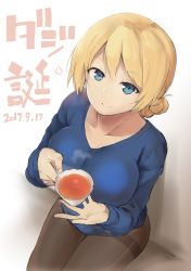 Rule 34 | 10s, 1girl, absurdres, black pantyhose, blonde hair, blue eyes, blue shirt, braid, casual, closed mouth, collarbone, commentary request, cup, darjeeling (girls und panzer), dated, from above, girls und panzer, highres, holding, light smile, long sleeves, looking at viewer, looking up, muteki soda, no pants, pantyhose, shirt, short hair, sitting, solo, steam, tea, teacup, thighband pantyhose, translation request, twin braids