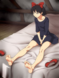 Rule 34 | 1girl, attic, bare legs, barefoot, bed, bed sheet, black dress, black hair, bow, brown eyes, closed mouth, collarbone, commentary, dress, expressionless, feet, flat chest, hair bow, hairband, hands on own crotch, highres, kiki (majo no takkyuubin), legs, looking away, majo no takkyuubin, maku (l-u), no shoes, on bed, outstretched legs, red bow, red footwear, shoes, unworn shoes, short hair, sitting, soles, solo, studio ghibli, toes, wooden floor