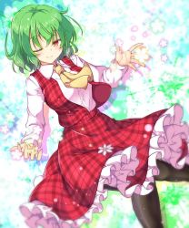 Rule 34 | 1girl, aka tawashi, ascot, black pantyhose, commentary request, dutch angle, feet out of frame, floral background, flower, green hair, highres, kazami yuuka, long sleeves, looking at viewer, multicolored background, one eye closed, pantyhose, petticoat, plaid, plaid skirt, plaid vest, red eyes, red skirt, red vest, skirt, solo, touhou, vest, yellow ascot
