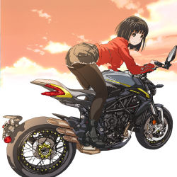 Rule 34 | 1girl, ankle boots, ass, black footwear, black hair, black pantyhose, blush, boots, brown eyes, brown pantyhose, closed mouth, commentary request, grey shorts, hal-py, highres, honda super cub, jacket, koguma (super cub), motor vehicle, motorcycle, pantyhose, red jacket, short hair, short shorts, shorts, smile, solo, super cub