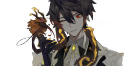Rule 34 | 1boy, absurdres, animal, animal around neck, animal on shoulder, black gloves, black hair, brown hair, dragon, dragon horns, earrings, eastern dragon, formal, genshin impact, gloves, hair between eyes, head tilt, highres, horns, jacket, jewelry, male focus, multicolored hair, one eye closed, open mouth, red eyes, scales, simple background, single earring, whiskers, white background, yagita (astronomie), zhongli (genshin impact)