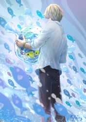 Rule 34 | 1boy, absurdres, angelfish, artist name, black pants, blonde hair, blue theme, bubble, fish, from behind, from below, hands up, highres, male focus, myfairy&amp;gonmi, ocean, one piece, pants, sanji (one piece), shirt, short hair, sleeves rolled up, solo, standing, underwater, water, white shirt, wrist cuffs