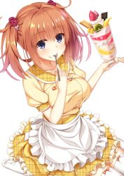 Rule 34 | 1girl, 8kumagawa (log), apron, blouse, blue eyes, blush, bow legwear, breasts, brown hair, chocolate, cowboy shot, dessert, eating, food, food on face, fruit, garter straps, hair ornament, highres, kiwi (fruit), kiwi slice, large breasts, no shoes, parfait, plaid, plaid sailor collar, sailor collar, shirt, short hair, short twintails, simple background, sitting, skirt, solo, spoon, strawberry, sumizome nozomi, taut clothes, taut shirt, thighhighs, twintails, utensil in mouth, wafer stick, waitress, wariza, white background, white thighhighs, yellow shirt, yellow skirt, yuzu-soft