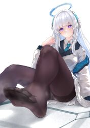Rule 34 | 1girl, absurdres, blue archive, blush, feet, highres, long hair, looking at viewer, noa (blue archive), panties, panties under pantyhose, pantyhose, pantyshot, parted lips, purple eyes, silver hair, soles, steam, toes, underwear
