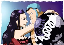 Rule 34 | 1boy, 1girl, 2015, arms around neck, black eyes, blue hair, closed mouth, evanyia, eyewear on head, franky (one piece), from side, highres, long hair, looking at another, nico robin, one piece, short hair, sideburns, signature, smile, sunglasses, unworn eyewear