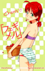 Rule 34 | 1girl, ahoge, bandeau, bare shoulders, basket, checkered background, cherry, feguimel, food, fruit, green eyes, holding, looking back, midriff, mouth hold, original, panties, red hair, sarong, short twintails, solo, strapless, striped clothes, striped sarong, tube top, twintails, underwear, watermark, web address