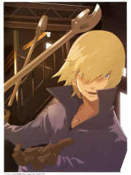 Rule 34 | 00s, 1boy, baccano!, blonde hair, blue eyes, enami katsumi, gloves, graham specter, jumpsuit, looking at viewer, male focus, official art, scan, short hair, smile, solo, wrench