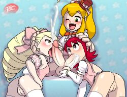 Rule 34 | 2016, 3girls, anus, artist name, ass, bare shoulders, blonde hair, blush, bottomless, brown eyes, caressing testicles, cleft of venus, cooperative fellatio, cum, cum in mouth, drill hair, elbow gloves, extra penises, fellatio, futa with female, futanari, gloves, green eyes, hand on another&#039;s head, highres, irregular fetishes, licking, licking penis, luna platz (mega man), mayl sakurai (mega man), mega man (classic), mega man (series), mega man battle network, mega man star force, multiple girls, one eye closed, open mouth, oral, penis, pink hair, pussy, red hair, roll (mega man), short hair, simple background, teeth, testicle grab, testicles, thighhighs, tongue, tongue out, uncensored, upper teeth only, white gloves