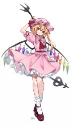 Rule 34 | 1girl, ascot, blonde hair, blush, closed mouth, collared shirt, cosplay, crystal, flandre scarlet, frilled shirt collar, frilled skirt, frills, full body, hair between eyes, hat, hat ribbon, highres, laevatein (touhou), long hair, mob cap, one side up, pink hat, pink shirt, pink skirt, red ascot, red eyes, red footwear, red ribbon, remilia scarlet, remilia scarlet (cosplay), ribbon, shirt, shoes, short sleeves, signature, simple background, skirt, smile, socks, solo, touhou, white background, white socks, wings, yuineko