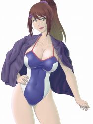 Rule 34 | 1girl, breasts, brown hair, chabashira sae, cleavage, collarbone, competition swimsuit, contrapposto, covered navel, cowboy shot, hair between eyes, hair ornament, hairclip, hand on own hip, haru (hall), high ponytail, jacket, jacket on shoulders, large breasts, long hair, looking at viewer, one-piece swimsuit, open clothes, open jacket, ponytail, purple jacket, red lips, simple background, solo, strap gap, swimsuit, taut clothes, taut swimsuit, white background, yellow eyes, youkoso jitsuryoku shijou shugi no kyoushitsu e