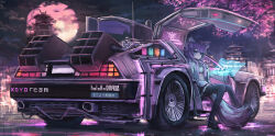 Rule 34 | 1girl, absurdres, animal ears, back to the future, building, car, cherry blossoms, delorean, full moon, gullwing doors, hakui koyori, highres, holographic interface, hololive, holox, lab coat, long hair, moon, motor vehicle, night, night sky, outdoors, pink hair, science fiction, shiyo tsubame, sitting, sky, solo, tail, tree, vehicle focus, virtual youtuber, wolf ears, wolf girl, wolf tail