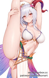Rule 34 | 1girl, bikini, blue hair, blush, breasts, cleft of venus, curled horns, fire emblem, fire emblem heroes, flexible, flower, flower necklace, freyja (fire emblem), freyja (summer) (fire emblem), gluteal fold, goat horns, grey hair, hair flower, hair ornament, highres, horns, jewelry, large breasts, leg hold, leg lift, leg up, long hair, looking at viewer, multicolored hair, navel, necklace, nintendo, official alternate costume, parted lips, partially visible vulva, red eyes, red horns, secon, solo, split, standing, standing on one leg, standing split, swimsuit, thorns, white bikini, white hair