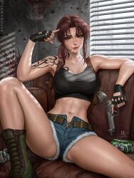 Rule 34 | 1girl, 2024, abs, arm tattoo, artist name, bare shoulders, beer can, belt, beretta 92, black gloves, black lagoon, black shirt, blood, blood splatter, blue shorts, boots, breasts, brown belt, brown eyes, brown hair, bullet hole, can, cigarette, closed mouth, combat boots, commentary, couch, crop top, cutoffs, denim, denim shorts, drink can, english commentary, finger to head, fingerless gloves, foot out of frame, gloves, green footwear, gun, hand up, handgun, highres, holding, holding gun, holding weapon, holster, index finger raised, indoors, knee up, large breasts, light smile, long hair, looking at viewer, midriff, mouth hold, navel, on couch, revy (black lagoon), sciamano240, shirt, short shorts, shorts, shoulder holster, signature, sitting, smoke, smoking, solo, spread legs, tattoo, toned, trigger discipline, v-shaped eyebrows, weapon, window, window blinds