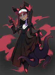 Rule 34 | 1boy, ;d, alastor (hazbin hotel), animal ears, antlers, black dress, black footwear, black gloves, blood, chiyo (shuten dj), claws, clothes lift, coif, colored sclera, colored skin, commentary, cross, cross necklace, crossdressing, deer antlers, deer boy, deer ears, dress, full body, gloves, grey background, grey skin, grin, habit, hazbin hotel, highres, holding, holding cross, horns, inverted cross, jewelry, long dress, male focus, monocle, monster boy, necklace, nun, official alternate costume, one eye closed, open mouth, outline, red-tinted eyewear, red eyes, red hair, red outline, red sclera, sharp teeth, simple background, skirt, skirt lift, smile, solo, standing, teeth, tentacles, tinted eyewear, traditional nun, yellow teeth
