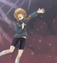 Rule 34 | 1girl, :d, amane suzuha, bad id, bad pixiv id, bike shorts, braid, brown hair, jacket, menoto, microphone, open mouth, outstretched arm, smile, socks, solo, steins;gate, tamura yukari, track jacket, twin braids, voice actor connection, yellow eyes