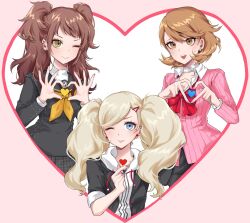 Rule 34 | 3girls, black jacket, black skirt, blonde hair, blue eyes, blush, bow, bowtie, brown eyes, brown hair, cardigan, choker, closed mouth, collarbone, collared shirt, commentary, earrings, female focus, finger heart, gekkoukan high school uniform, hair ornament, hairclip, heart, heart choker, heart hands, highres, hood, hoodie, hy (fjvlg), in-franchise crossover, jacket, jewelry, kujikawa rise, long hair, long sleeves, looking at viewer, loose bowtie, multiple girls, neckerchief, one eye closed, open mouth, parted lips, pearl earrings, persona, persona 3, persona 4, persona 5, pink cardigan, pleated skirt, red bow, red bowtie, ribbed cardigan, school uniform, shirt, short hair, shuujin academy school uniform, skirt, stud earrings, sweatdrop, swept bangs, takamaki anne, takeba yukari, tarot, the lovers (tarot), trait connection, twintails, upper body, white choker, white hoodie, white shirt, wink, yasogami school uniform, yellow neckerchief