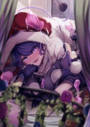 Rule 34 | 1girl, black gloves, blob, blue eyes, blue hair, blurry, blurry foreground, blush, breasts, bright pupils, commentary request, curtains, doremy sweet, dream soul, dress, flower, gloves, hand on own chin, hat, head tilt, heart, heart-shaped pupils, indoors, ishikawa sparerib, large breasts, looking at viewer, lying, nightcap, on bed, on stomach, open mouth, polka dot, pom pom (clothes), poncho, red hat, short hair, solo, symbol-shaped pupils, tail, tapir tail, touhou, turtleneck, white dress, white pupils, window
