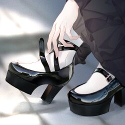 1girl black_bow black_shoes blurry blurry_background bow footwear_bow footwear_focus frilled_sleeves frills high_heels highres hololive hololive_dev_is juufuutei_raden juufuutei_raden_(1st_costume) long_sleeves mary_janes me_1365 pantyhose pavement shiny_footwear shoes solo virtual_youtuber white_pantyhose wide_sleeves