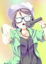 Rule 34 | 10s, 1girl, anchor necklace, baseball cap, black-framed eyewear, black shirt, bracelet, commentary request, glasses, green jacket, grey hair, hand gesture, hat, hayaoki (asagi-iro seishun-bu), highres, holding, holding microphone, hood, hood down, hooded jacket, jacket, jewelry, love live!, love live! school idol festival, love live! sunshine!!, microphone, necklace, open mouth, pointing, pointing down, rap, shirt, short hair, solo, upper body, watanabe you, wristband