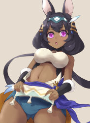 Rule 34 | 1girl, :&lt;, animal ears, arm warmers, black hair, blue panties, breasts, cat ears, clothes lift, dragalia lost, gluteal fold, hair ornament, headband, kuro (be ok), laranoa (dragalia lost), large breasts, lifting own clothes, looking at viewer, medium breasts, midriff, navel, open mouth, panties, pelvic curtain, pelvic curtain lift, pink eyes, short hair, solo, tank top, underwear