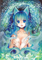 Rule 34 | 1girl, absurdres, animal ears, breasts, covering privates, covering breasts, fang, female focus, green eyes, green hair, highres, long hair, matching hair/eyes, mosho, nude, nude cover, original, painting (medium), signature, solo, topless frame, traditional media, upper body, watercolor (medium)