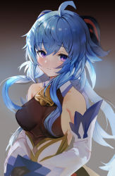 Rule 34 | 1girl, absurdres, ahoge, bare shoulders, bell, blue hair, blush, breasts, commentary request, cowbell, detached sleeves, ganyu (genshin impact), genshin impact, gloves, half-closed eyes, highres, horns, long sleeves, parayang, purple eyes, sideboob, smile, solo, upper body