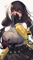 Rule 34 | 1girl, absurdres, bare shoulders, belt, black gloves, black skirt, blush, breasts, brown hair, commentary request, diieru, disembodied limb, embarrassed, gas mask, girls&#039; frontline, gloves, grabbing, grabbing another&#039;s breast, hair between eyes, hand up, heterochromia, highres, id card, jacket, lanyard, large breasts, long hair, looking at viewer, mask, multicolored hair, open clothes, open jacket, red eyes, ro635 (girls&#039; frontline), ro635 (mod3) (girls&#039; frontline), simple background, skirt, sleeveless, sleeveless sweater, solo focus, streaked hair, sweater, twintails, utility belt, white hair, yellow eyes, yellow jacket