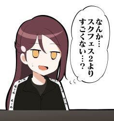 Rule 34 | 1girl, barkhorn0331, black jacket, grey shirt, half updo, hashtag-only commentary, highres, jacket, jitome, long hair, looking at viewer, love live!, love live! sunshine!!, open mouth, red hair, sakurauchi riko, shirt, single sidelock, solo, speech bubble, sweatdrop, translation request, upper body, white background, yellow eyes