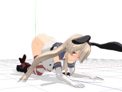 Rule 34 | 10s, 1girl, 3d, all fours, ass, blonde hair, blush, bottomless, brown eyes, elbow gloves, female focus, full body, gloves, hairband, jim944(j&amp;j), kantai collection, looking at viewer, mikumikudance (medium), no panties, school uniform, serafuku, shimakaze (kancolle), shirt, sleeveless, sleeveless shirt, solo, striped clothes, striped thighhighs, thighhighs, top-down bottom-up, white background