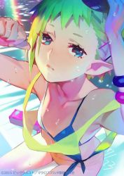 Rule 34 | 10s, 1girl, bare shoulders, bikini, breasts, close-up, flat chest, green eyes, green hair, macross, macross delta, mita chisato, official art, pointy ears, reina prowler, short hair, small breasts, swimsuit, wet
