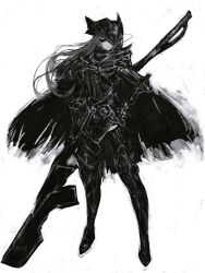 Rule 34 | 1girl, :|, absurdres, armor, black cape, breastplate, cape, closed mouth, expressionless, floating hair, full body, gauntlets, greaves, grey hair, hand on own hip, highres, holding, holding behind back, holding polearm, holding weapon, legs apart, long hair, one eye covered, original, pointy hat, polearm, red eyes, sabaton, sidelocks, simple background, solo, spear, standing, tuda6, vambraces, weapon, white background