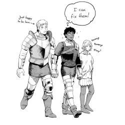 Rule 34 | 3boys, androgynous, armor, boots, bracer, closed mouth, commentary, dark-skinned male, dark skin, dungeon meshi, english commentary, english text, greyscale, highres, holding hands, kabru, laios touden, long sleeves, male focus, mithrun, monochrome, multiple boys, one eye closed, open mouth, pauldrons, pearl seemann, short hair, shoulder armor, single pauldron, smile, sparkling aura, thought bubble, very short hair, walking