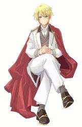 Rule 34 | 1boy, blonde hair, blue eyes, cape, formal, full body, geordo stuart, grey legwear, grey vest, highres, interlocked fingers, invisible chair, jewelry, long sleeves, looking at viewer, male focus, mutton (user hafp8324), necklace, otome game no hametsu flag shika nai akuyaku reijou ni tensei shite shimatta, own hands together, red cape, simple background, sitting, smile, solo, suit, vest, white background, white suit